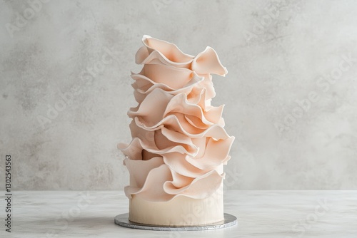 A sophisticated single-tier cake with delicate blush ruffled fondant, creating a sculptural and modern aesthetic, set against a neutral background.