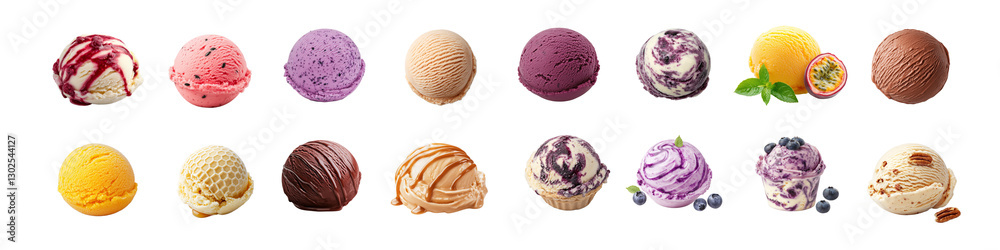 Variety of colorful ice cream scoops displayed Variety of colorful ice cream scoops displayed
