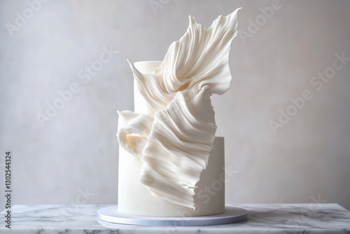 A modern wedding cake featuring delicate, flowing sugar ruffles with a sculptural design, set against a neutral background for an elegant aesthetic.