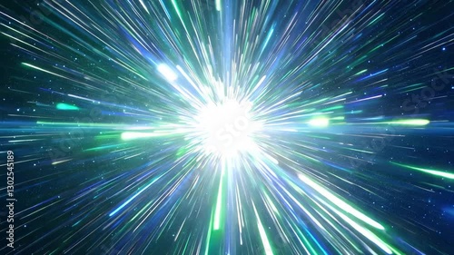 futuristic space warp-speed effect, radiant blue and green light streaks, hyperspace jump, interstellar travel, cosmic energy