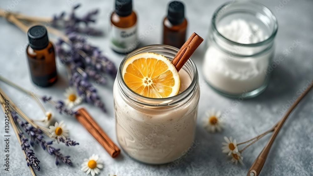 Fototapeta premium Artisanal Botanical Body Care Scrub Handcrafted Natural Spa Products with Mediterranean Herbs and Citrus Aromatherapy Elements