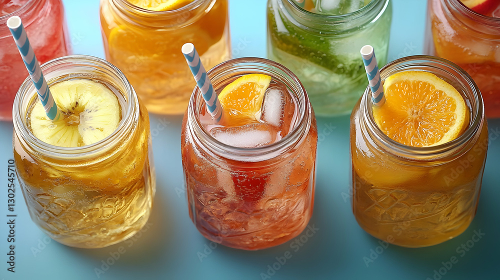 Assorted Refreshing Iced Fruit Teas In Glass Jars