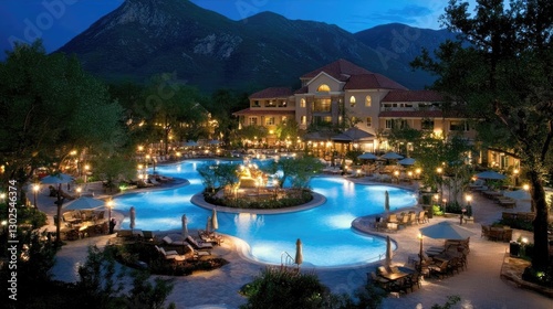 Serene Nighttime Landscape of a Luxury Resort with Pool and Mountains