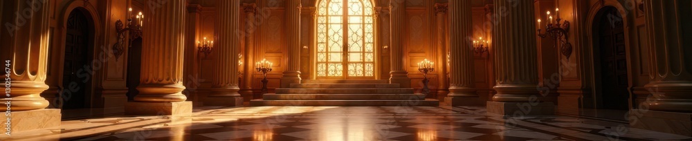 Obraz premium Grand hall's golden door creaks open to reveal a majestic staircase, Majestic, Elegant
