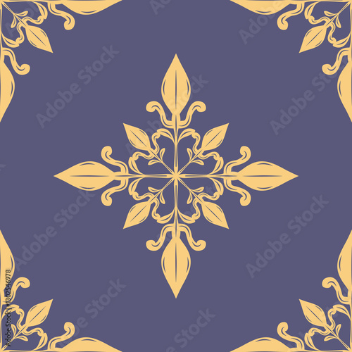 Detailed Elaborate Fancy Fleur De lis Deluxe Royal Gold Embroidery Scroll Ornament on Denim Blue Background Seamless Luxury Pattern Magnificent Gentle Silk Weaves Victorian Opulence Florals Decoration