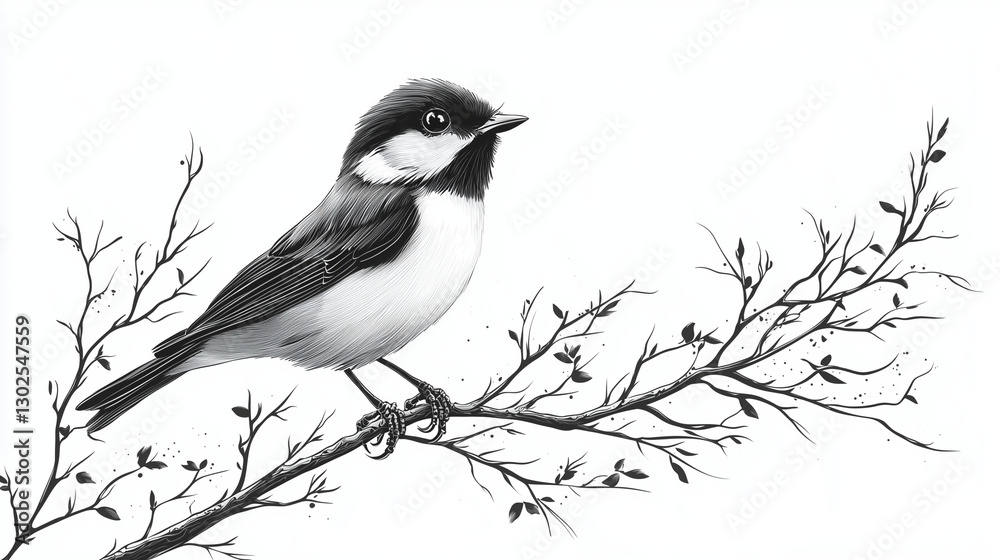 Fototapeta premium small bird on a branch against a white background - simple and elegant minimalist illustration, perfect for nature-themed designs, branding, greeting cards