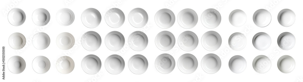 White Ceramic Bowls Arranged in a Neat Grid on a White Background, PNG bundle collection, Isolated on Transparent Background