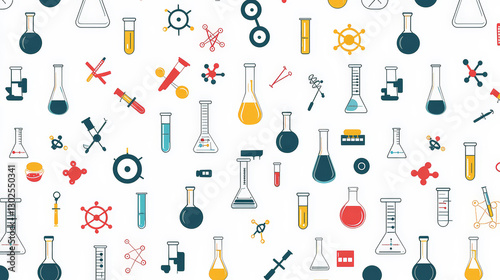 A seamless repeating pattern featuring cute, simple, flat-shaded vector-style lab and science-related icons on a clean white background.  Generative AI