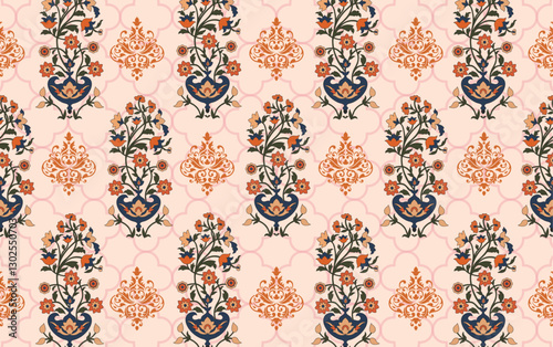 Seamless Mughal motifs florl pattern vector with light background classical motifs for wallpapers, textile, wrapping. cloth, textile, digital print, paper print, wallpaper, backdrop, background vector