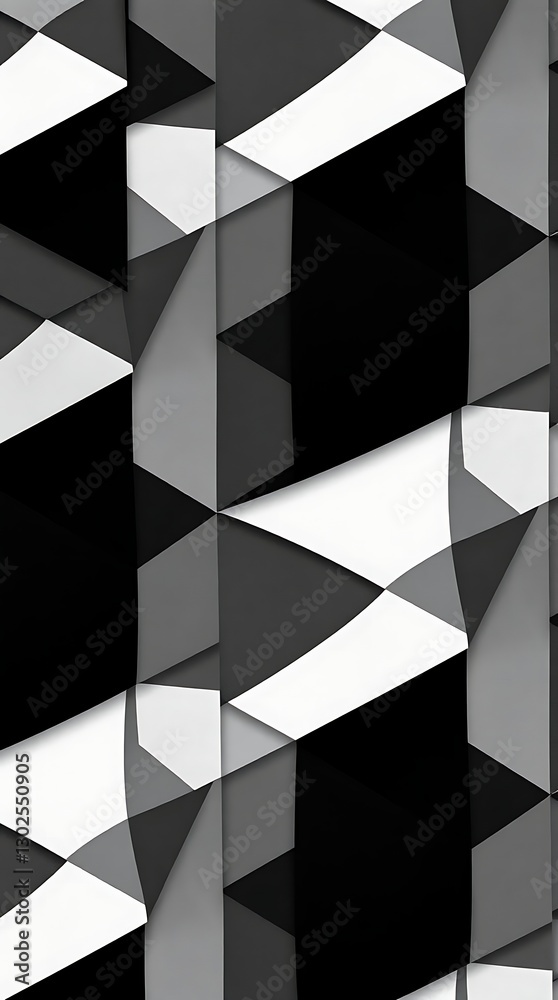 Obraz premium A Modern Abstract Wallpaper Featuring An Intricate Geometric Pattern With Overlapping Shapes In Shades Of Gray, White, And Black, With A High Contrast And Clean Lines, In A Minimalis.