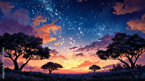Vibrant sunset sky filled with stars, silhouetted trees framing a serene landscape