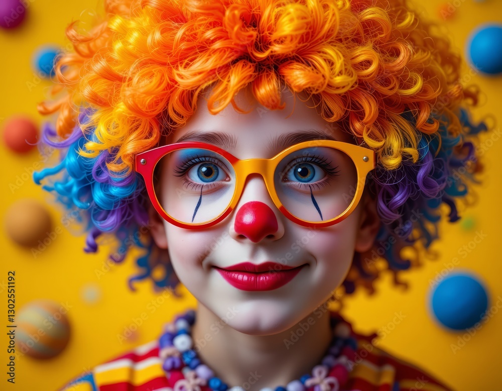 Fototapeta premium playful 7-year-old child as a colorful clown perfect for birthday invitations, april fool's day, festive event designs 