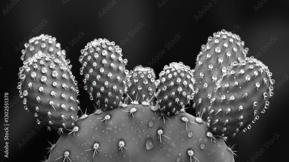 Close-up grayscale prickly pear cactus with water droplets, dark background Close-up grayscale prickly pear cactus with water droplets, dark background