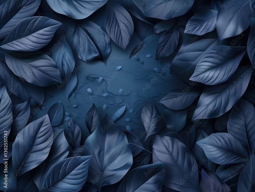 A serene arrangement of deep blue leaves framing a textured background, ideal for nature-themed designs and wallpapers A serene arrangement of deep blue leaves framing a textured background, ideal for nature-themed designs and wallpapers