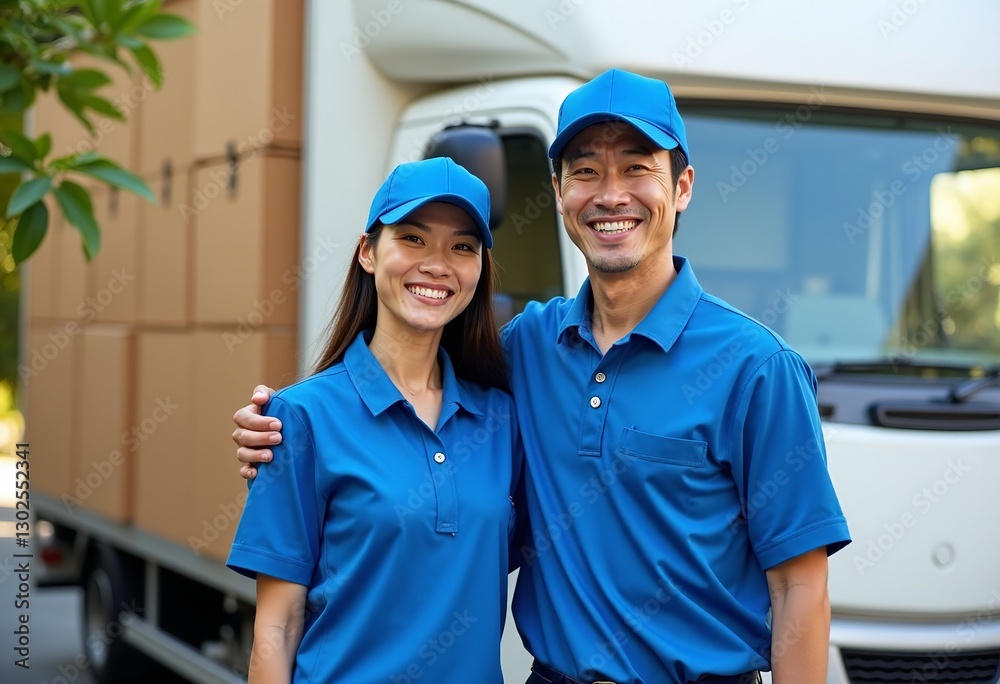 Japanese Delivery Team: Smiling Man and Woman in Blue Uniforms Ready to Deliver Packages from Truck on a Bright, Sunny Day
Japanese Delivery Team: Smiling Man and Woman in Blue Uniforms Ready to Deliver Packages from Truck on a Bright, Sunny Day