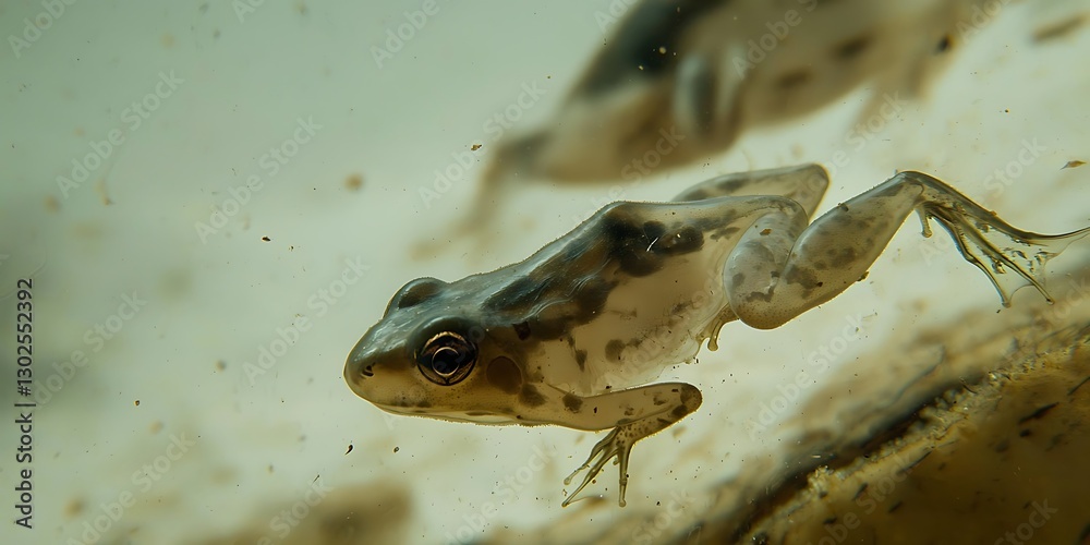 Underwater view of young frogs swimming in a natural environment pond Underwater view of young frogs swimming in a natural environment pond