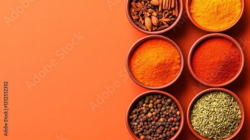 Colorful spices arranged in bowls on a vibrant orange background, showcasing culinary diversity photo