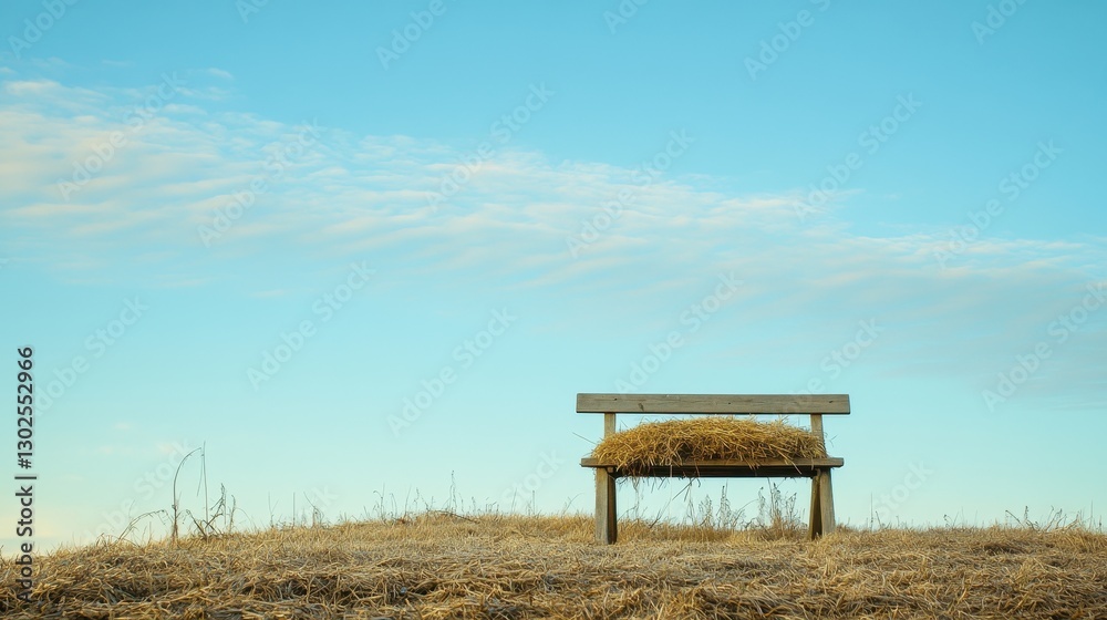 Serene Christmas Manger Surrounded by Hay and Natural Landscape Under a Clear Blue Sky Serene Christmas Manger Surrounded by Hay and Natural Landscape Under a Clear Blue Sky