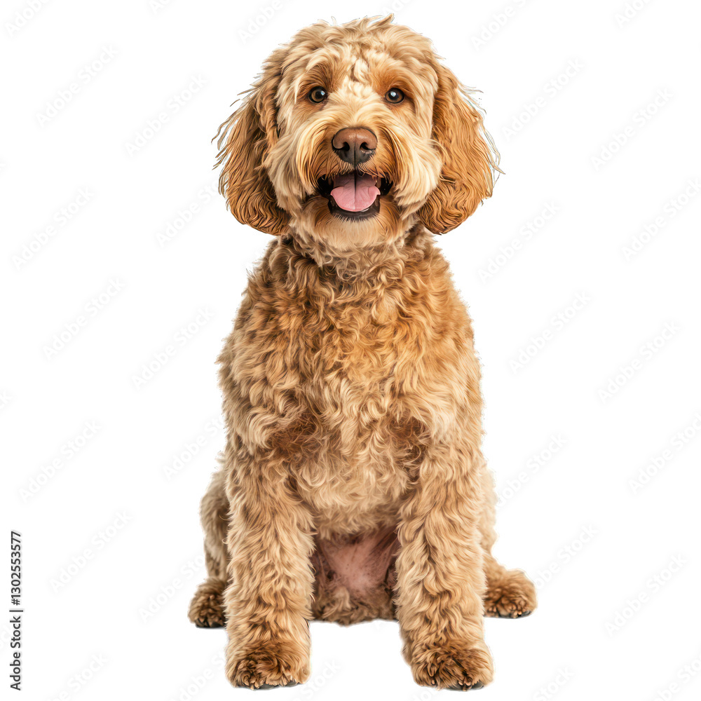 Fototapeta premium A fluffy, golden doodle dog with a joyful expression, isolated on a white background.
