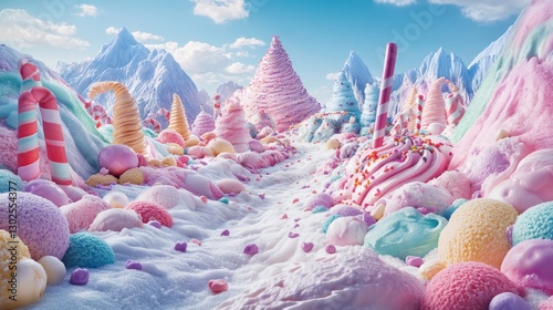 Whimsical candy landscape with pastel mountains, sugary treats, and a path.