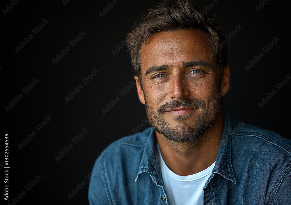 Obraz premium Smiling Man in Denim Shirt – Cinematic-Style Portrait Photography with Black Background, High-Quality Studio Shot, Professional Lighting, Perfect for Branding and Marketing Use