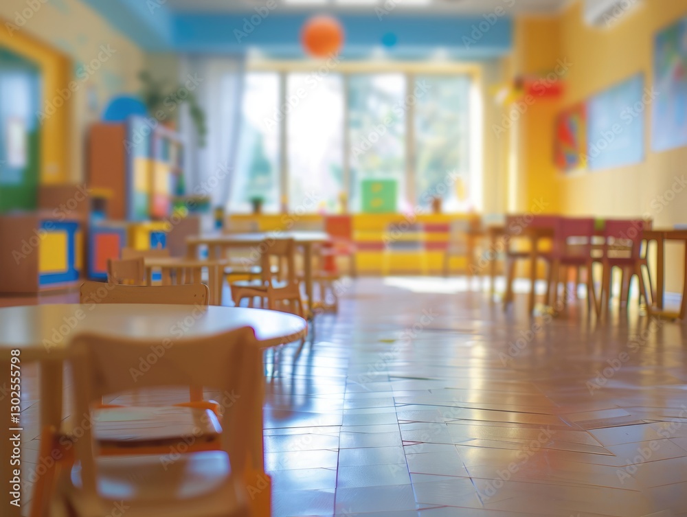 Bright and colorful kindergarten classroom with empty tables and chairs, sunlight streaming through large windows Bright and colorful kindergarten classroom with empty tables and chairs, sunlight streaming through large windows