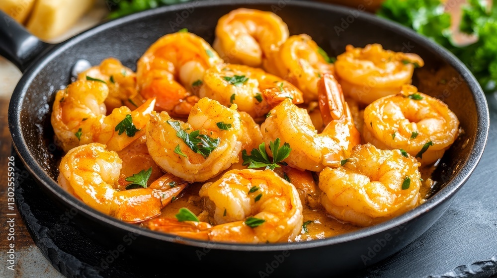 Deliciously cooked shrimp in a skillet garnished with parsley, served with a side of cheese Deliciously cooked shrimp in a skillet garnished with parsley, served with a side of cheese