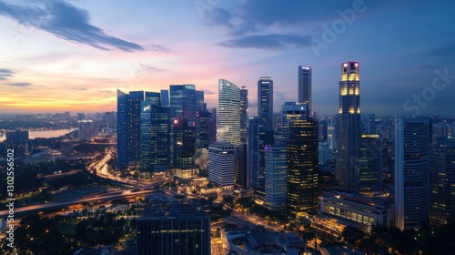 Stunning sunrise cityscape panorama showcasing skyscrapers, roads, and twilight sky.