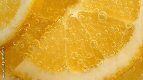 Close up of carbonated drink with fresh lemon slices and ice. Macro bubbles in glass with soda water. Mineral water lemonade