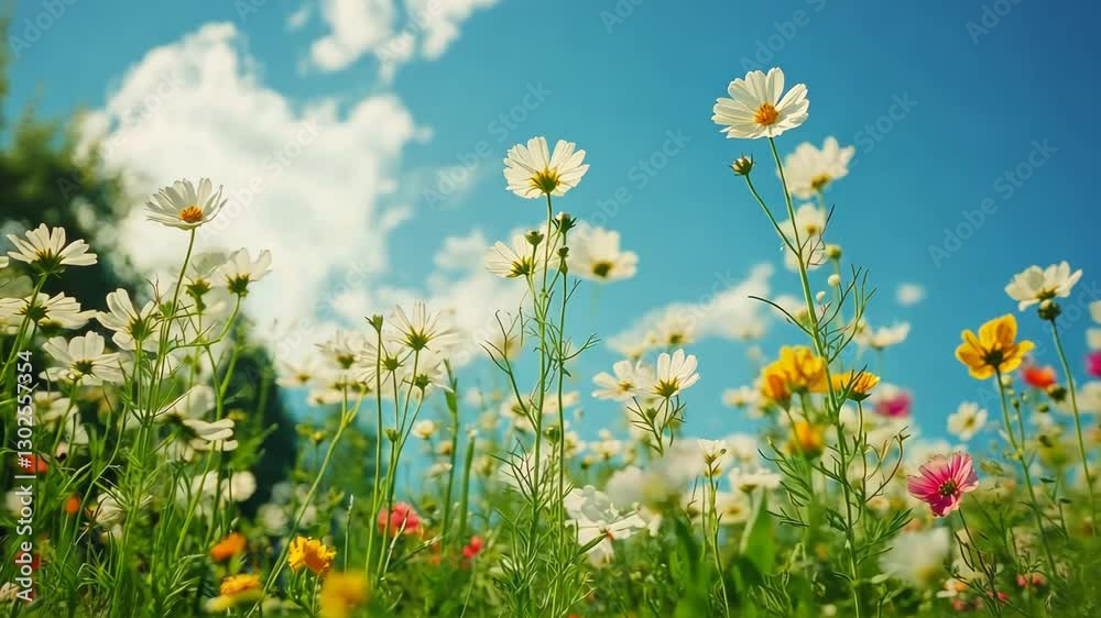 Vibrant wildflowers blooming under a clear blue sky with fluffy clouds in the background Vibrant wildflowers blooming under a clear blue sky with fluffy clouds in the background