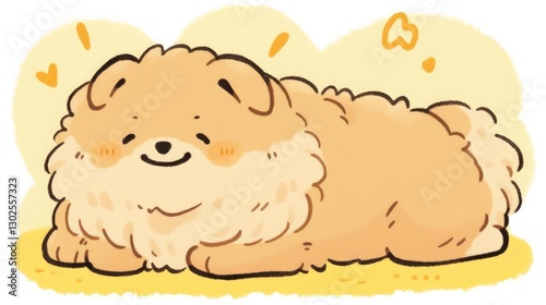 Cute Cartoon Puppy Relaxing on a Soft Yellow Background