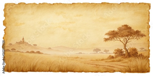 an antique parchment landscape with a scenic view. Featuring a tree in the middle, mountain in the background. 