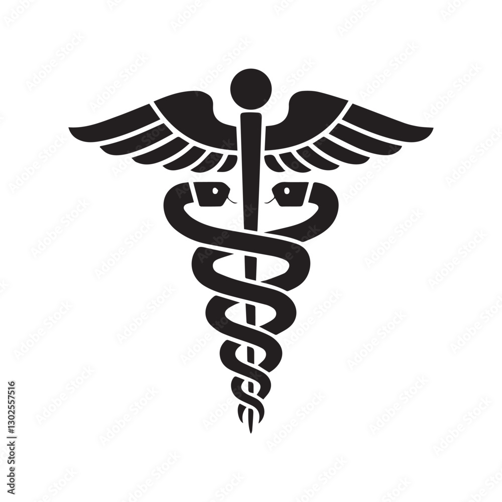 A black caduceus symbol featuring a vertical staff with two serpents coiled around it symmetrically A black caduceus symbol featuring a vertical staff with two serpents coiled around it symmetrically