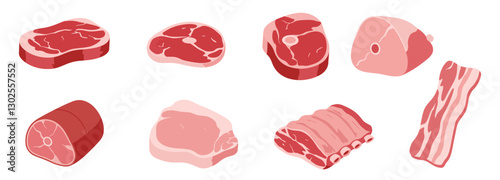 A detailed vector illustration of assorted raw meat cuts, including beef, pork, and lamb. Ideal for butcher shops, restaurant menus, BBQ designs, and food packaging projects.