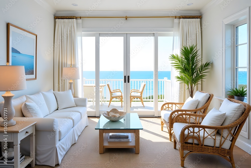 Fototapeta premium Airy Coastal Living Room with Ocean Views and Natural Textures