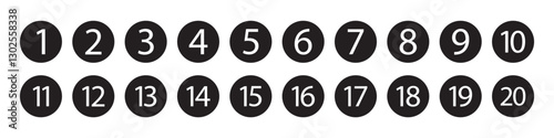 Bullet Points icon set in line style, Simple round numbers in flat style, Set of 1-20 numbers simple black symbol sign for apps, UI, and website, vector.