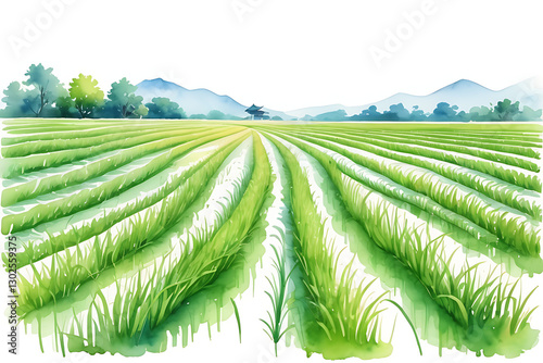 Green Rice Paddy Field with Mountain and Temple Watercolor Painting