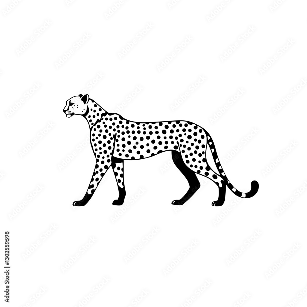 Elegant black and white illustration of a walking cheetah with distinctive spots on a plain white background, copy space