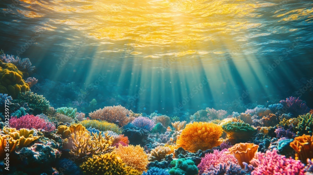 Fototapeta premium Vibrant coral reef teems with life; vivid hues of blue, green, yellow, orange, and red dance beneath the waves, showcasing nature's kaleidoscope