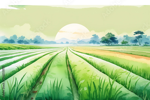 Watercolor Field Landscape at Sunrise with Green Rows and Distant Trees
