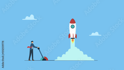 Ambitious businessman entrepreneur push switch to launch rocket into sky. Start your own business, launch success rocket or entrepreneur, startup project or boost company growth, invention concept.