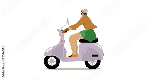 A girl driving a purple scooter.