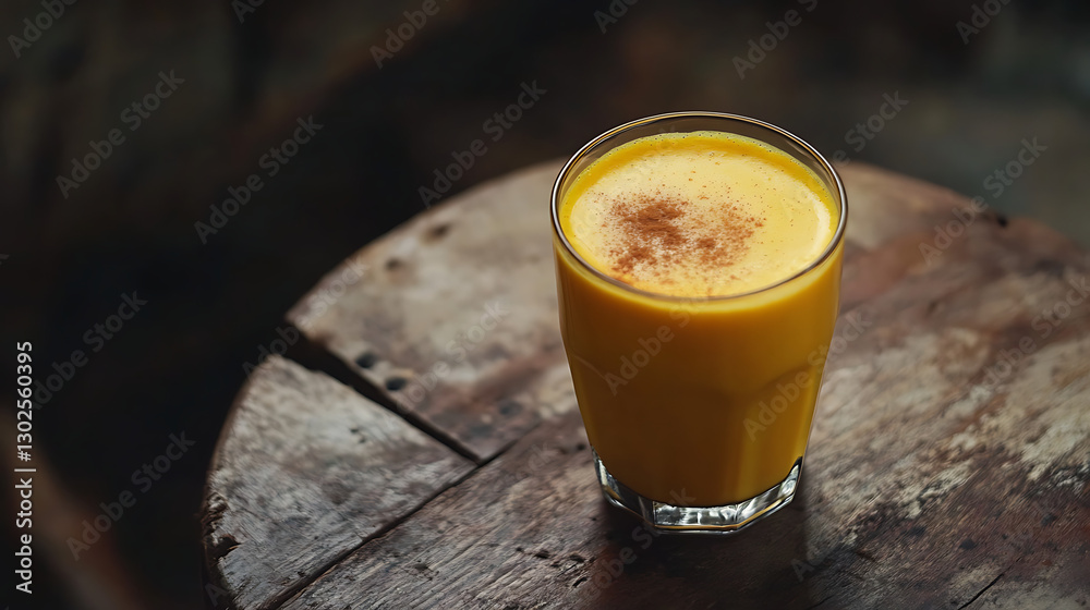 A glass of golden turmeric latte with cinnamon and coconut milk, placed on a rustic table A glass of golden turmeric latte with cinnamon and coconut milk, placed on a rustic table