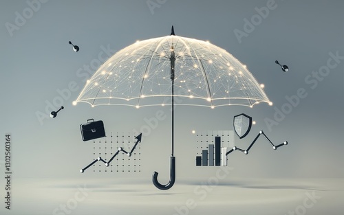 Digital Shield: A digital umbrella protects business assets, showcasing financial charts, a briefcase, and security shields, symbolizing robust security.