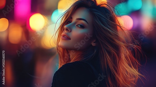 Woman with long hair looking over shoulder at night with colorful bokeh lights.