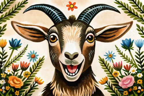 goat portrait in funny floral background abstract cartoon illustration