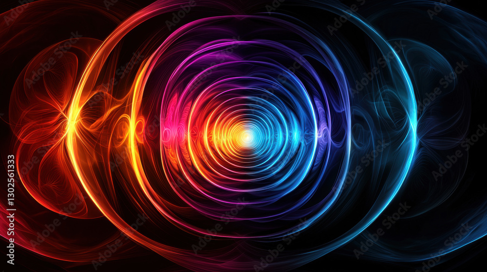 Universal energy, Inner energy connection. Colorful concentric circles radiating light in a dark background create a vibrant abstract design. Universal energy, Inner energy connection. Colorful concentric circles radiating light in a dark background create a vibrant abstract design.