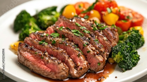 Sliced grilled steak with vegetables.