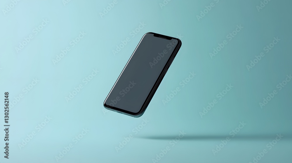 Naklejka premium Smartphone in Blue Hues: A modern smartphone levitates against a soft, gradient blue backdrop, highlighting its sleek design and the cutting-edge technology it embodies.