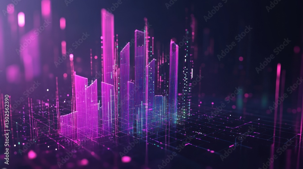 Futuristic digital city skyline with glowing skyscrapers and data streams.